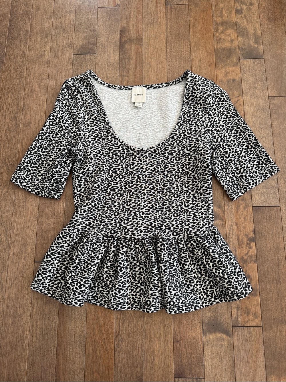 Maeve (Anthropologie) Black & White Leopard-Print Peplum Top - XS
